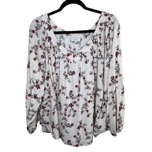 LOFT Womens XXL Garden V Neck Long Sleeve Top White Floral Print Peasant Blouse